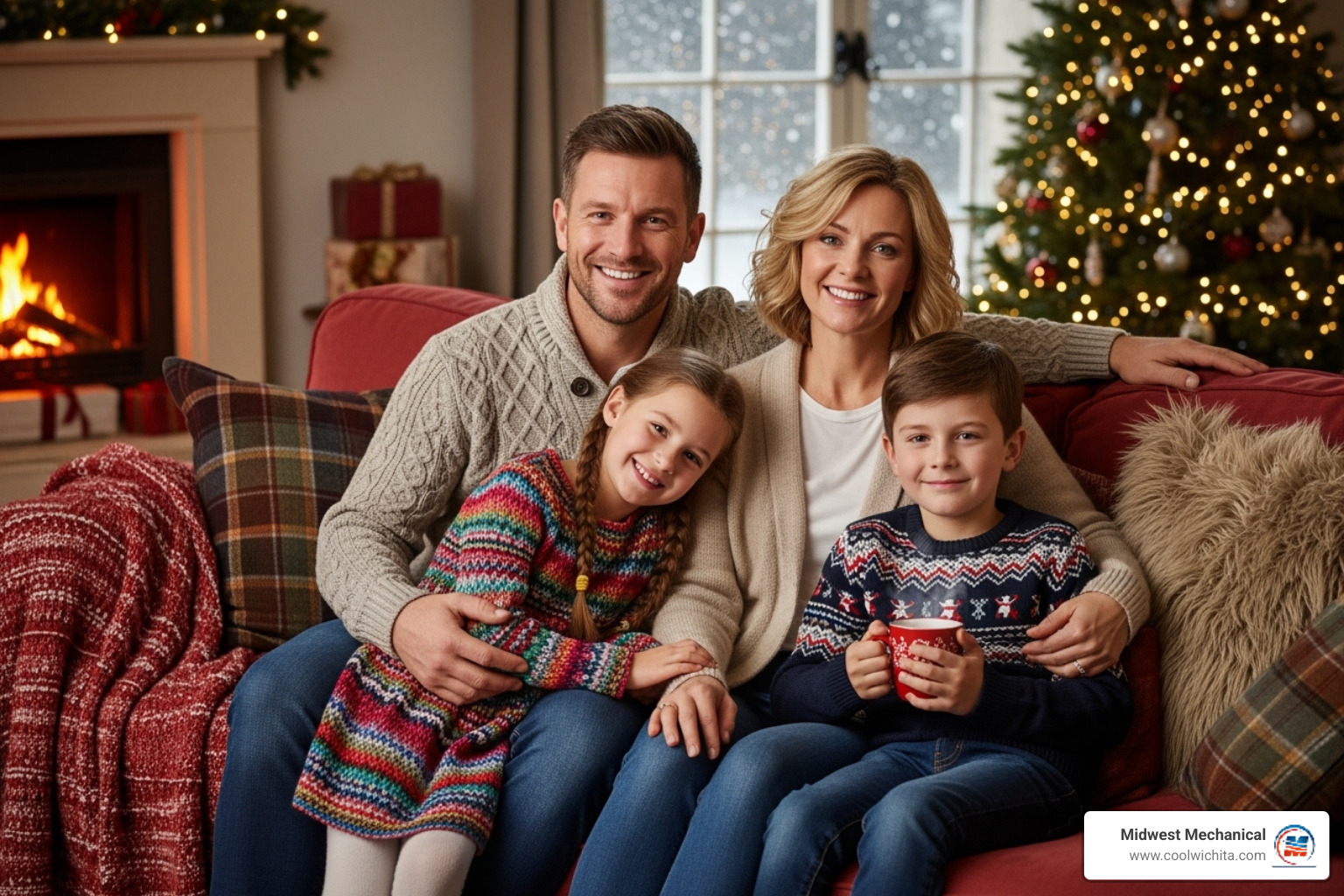 a happy family enjoying a warm home in winter - furnace replacement Wichita