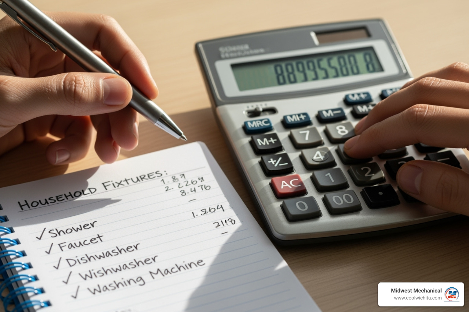 person using a calculator with a notepad listing home fixtures - tankless water heater flow rate