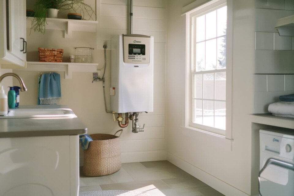 Tankless water heater in utility room