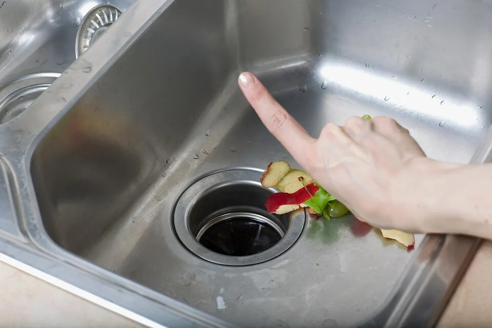 Hand pointing at garbage disposal
