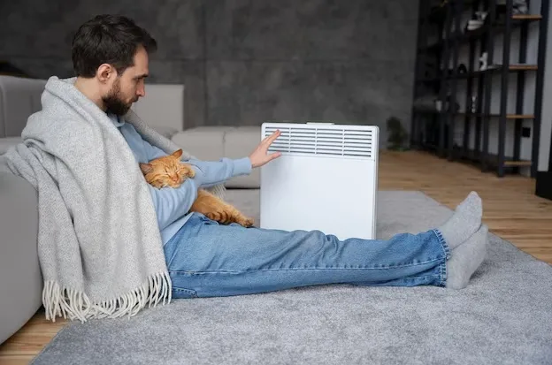 Man and cat next to a portable heater