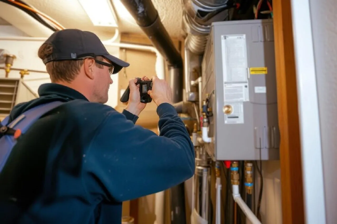 Man inspecting a utility unit with a flashlight