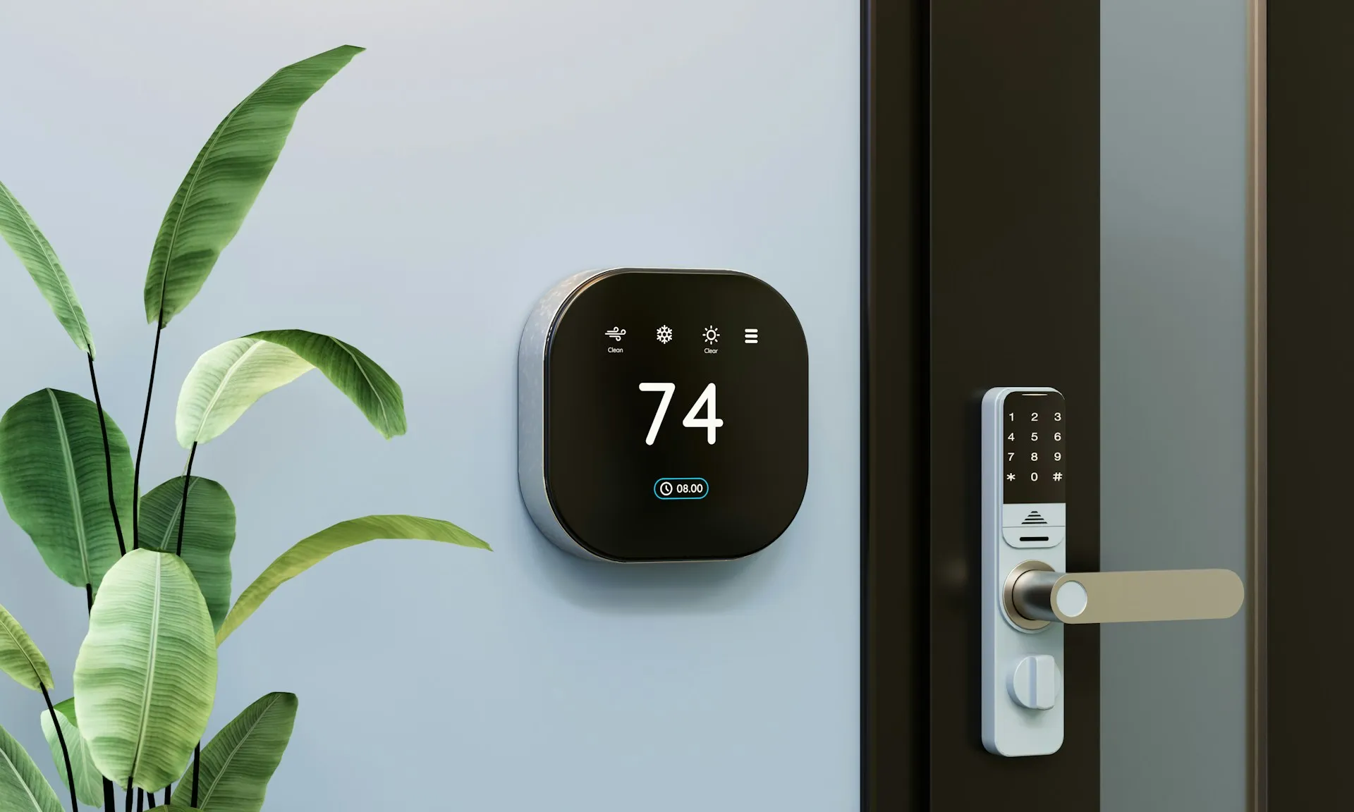 Smart thermostat showing 74 degrees and smart lock on a door