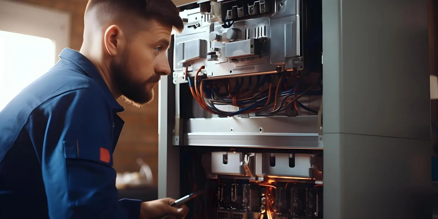 Man examining the inside of a heating system.