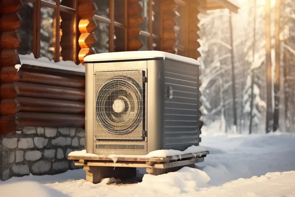 Outdoor heat pump in snowy setting