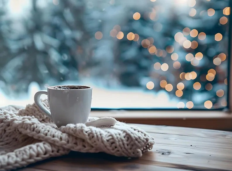 Coffee cup and blanket by snowy window