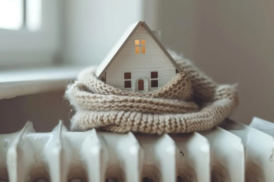 Miniature house wrapped in scarf on radiator