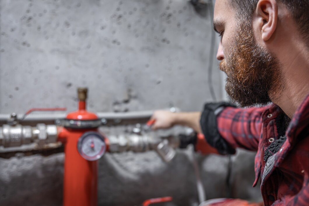 Man adjusting industrial pipes