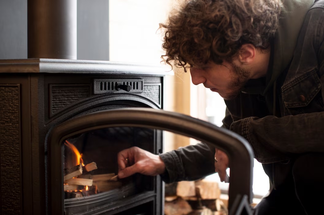 Man adding wood to a stove