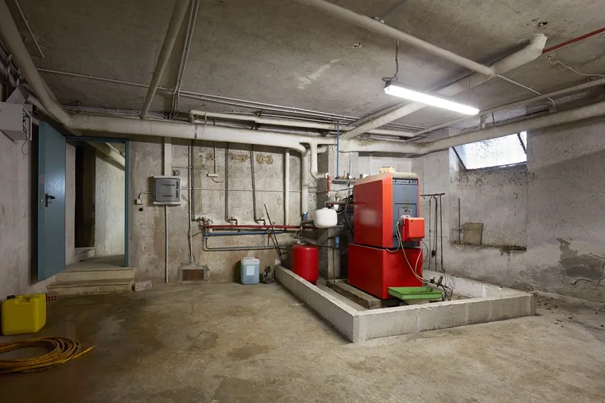 Red heating boiler in basement