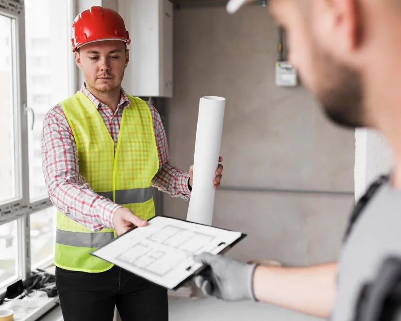 Construction workers exchanging blueprints.