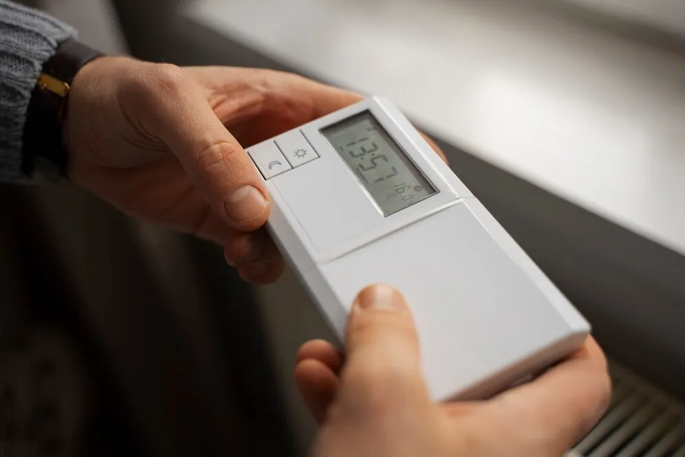 Person holding a white digital thermostat with LCD display