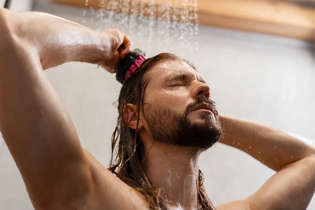 Man showering and washing hair.