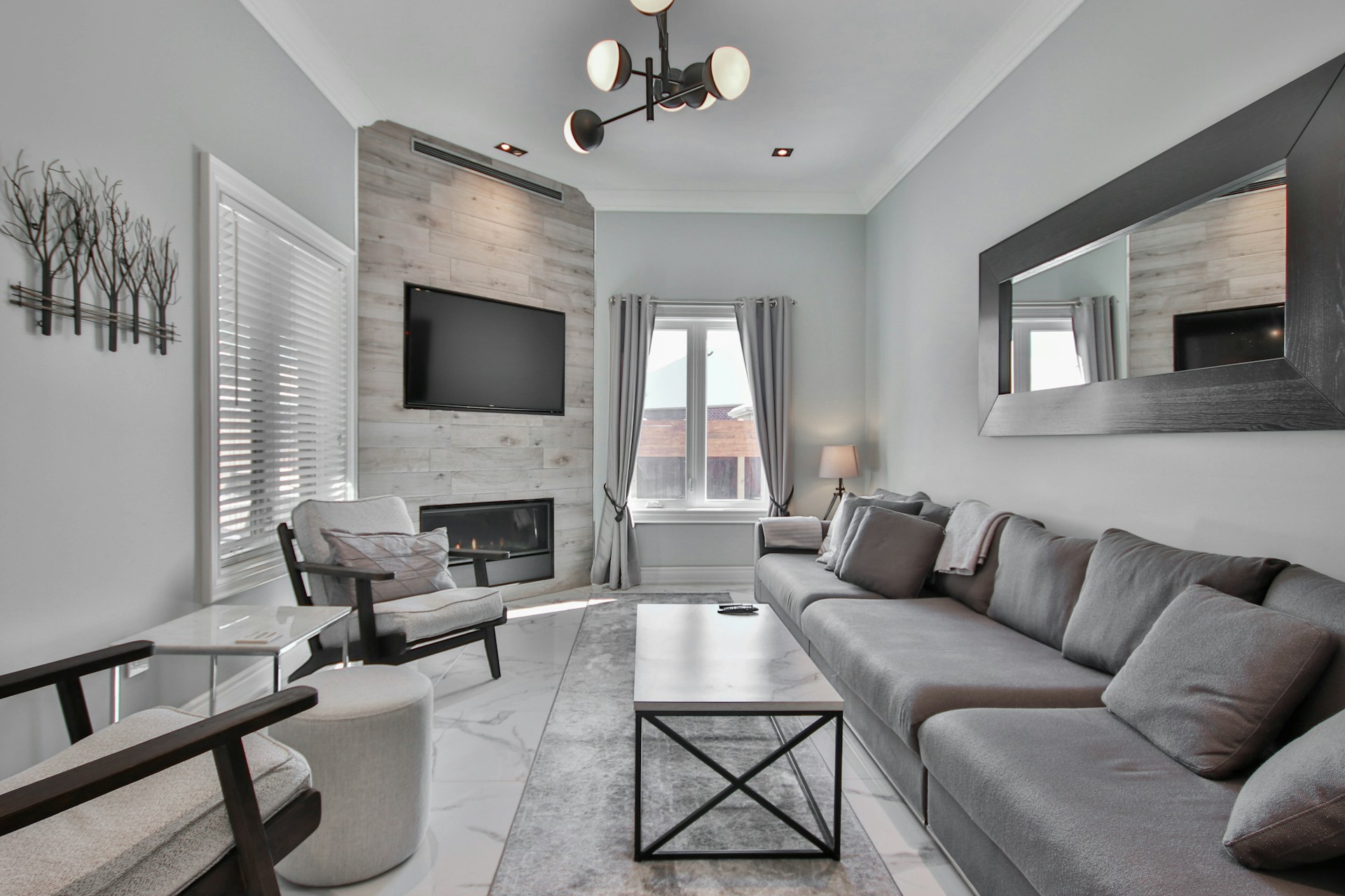Modern living room with fireplace