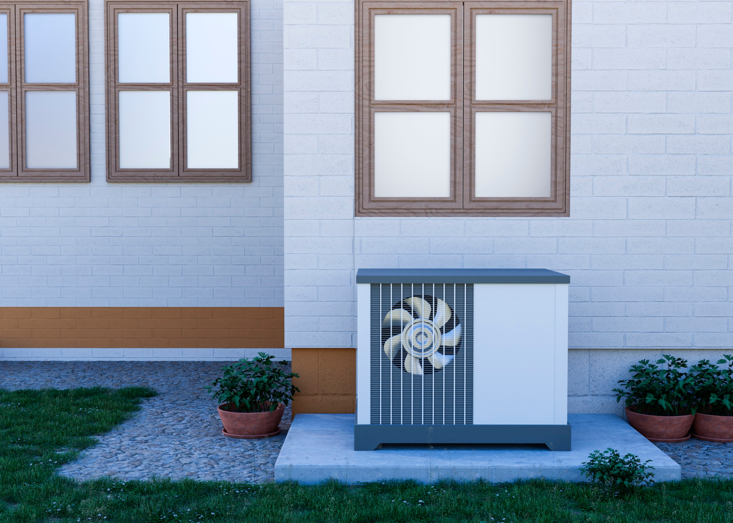 Outdoor heat pump unit next to a house.