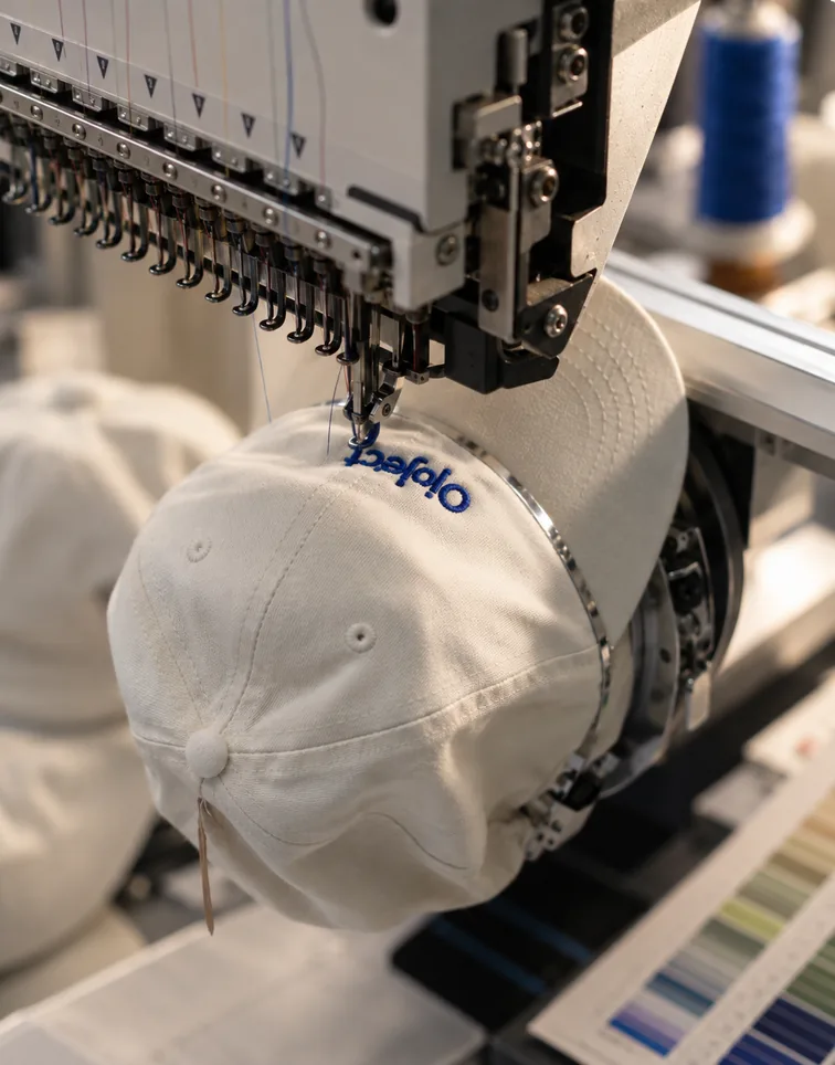Cap being embroidered on a machine