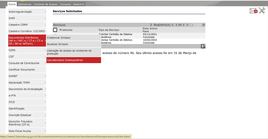 Menu NF-e Solicitar Cancelamento Extemporâneo no SIARE MG