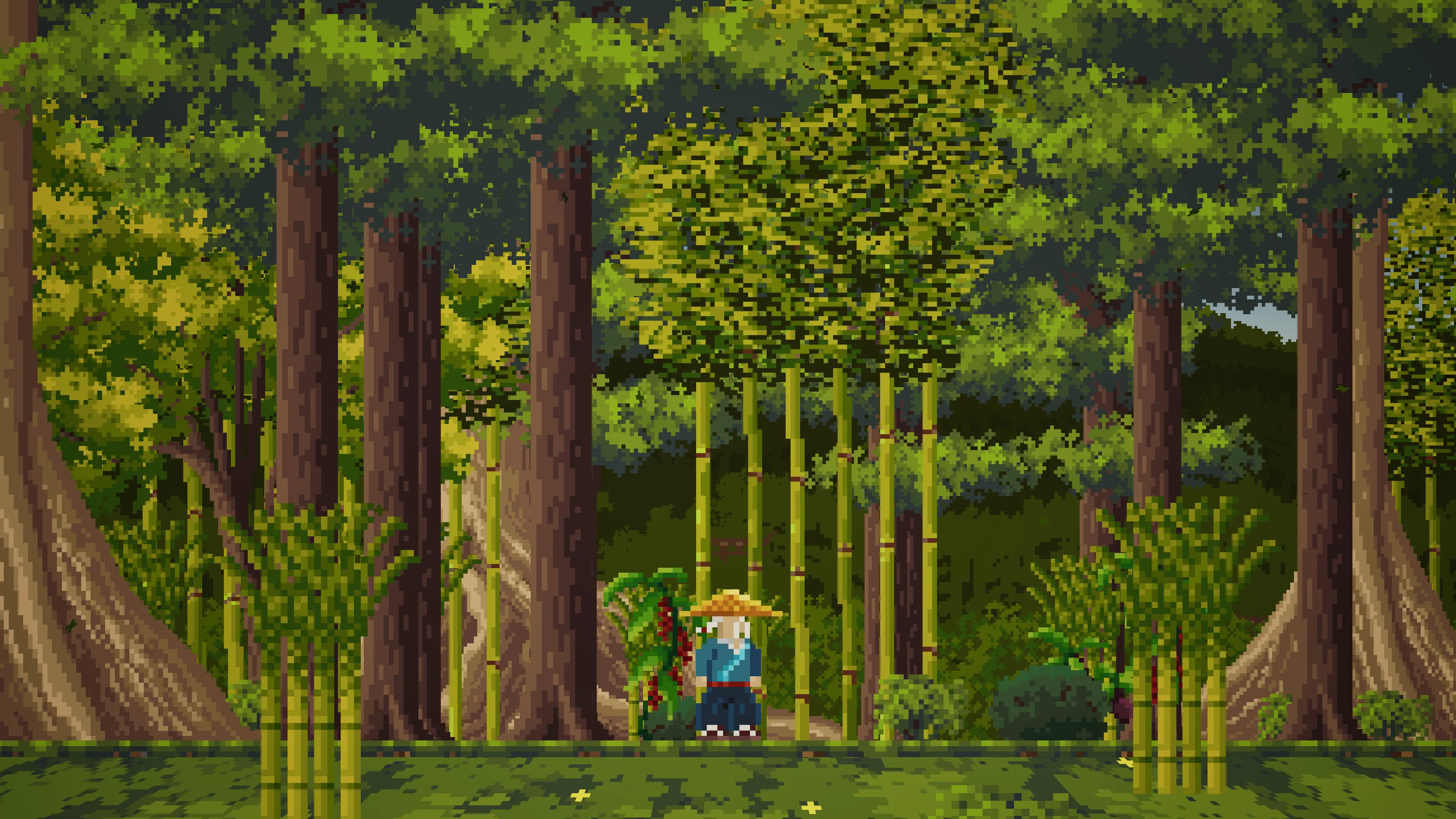 Gendo walking through a bamboo forest