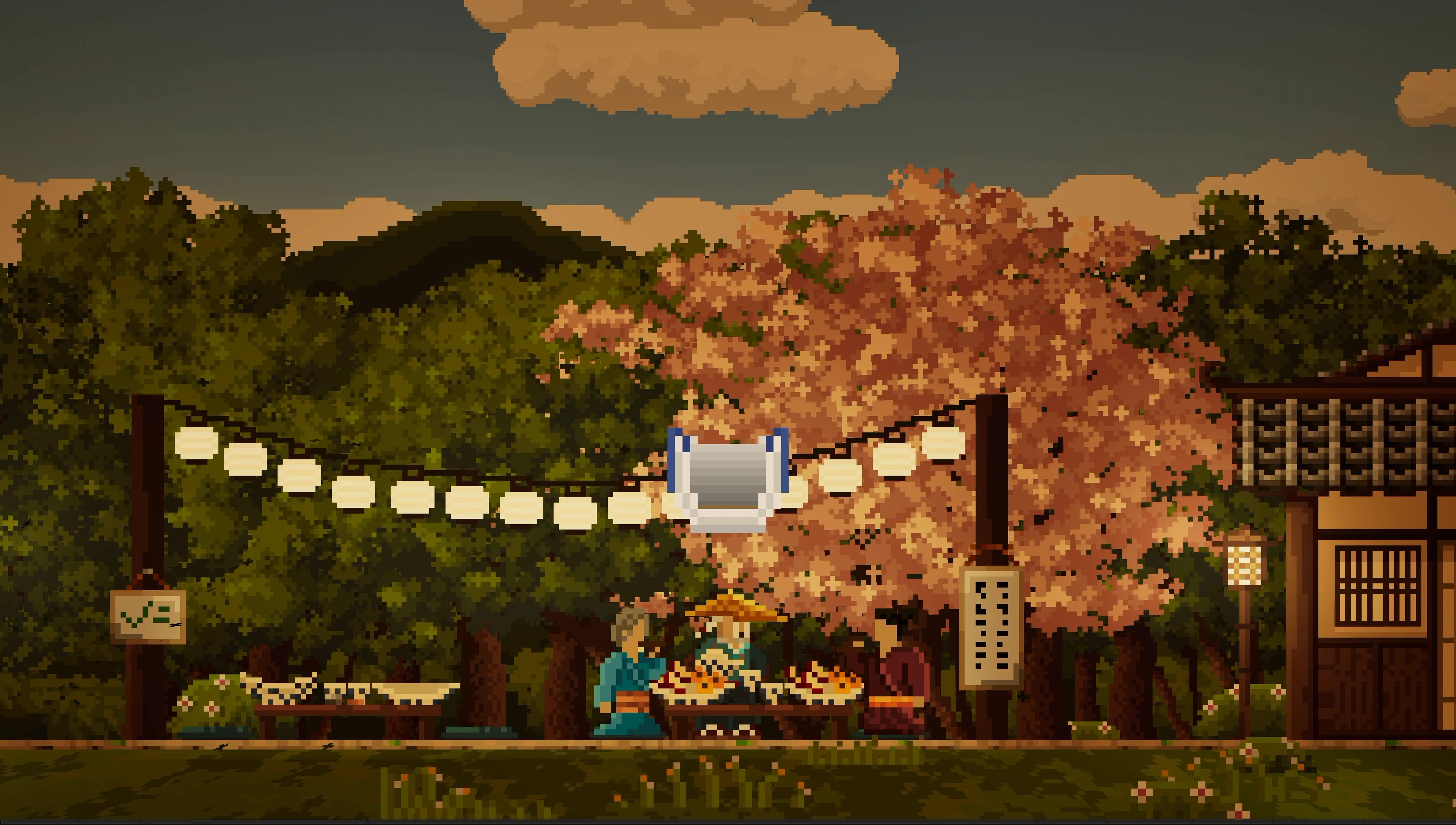 The same plaza at dusk with villagers eating