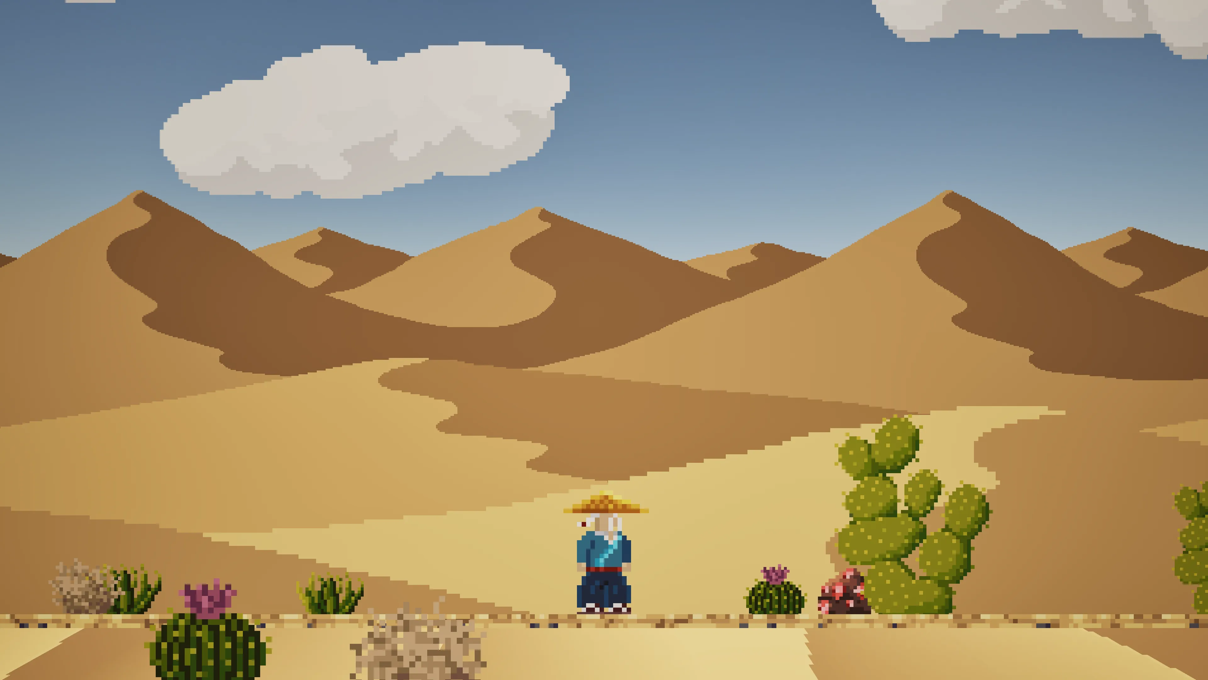 Gendo walking across desert sand dunes