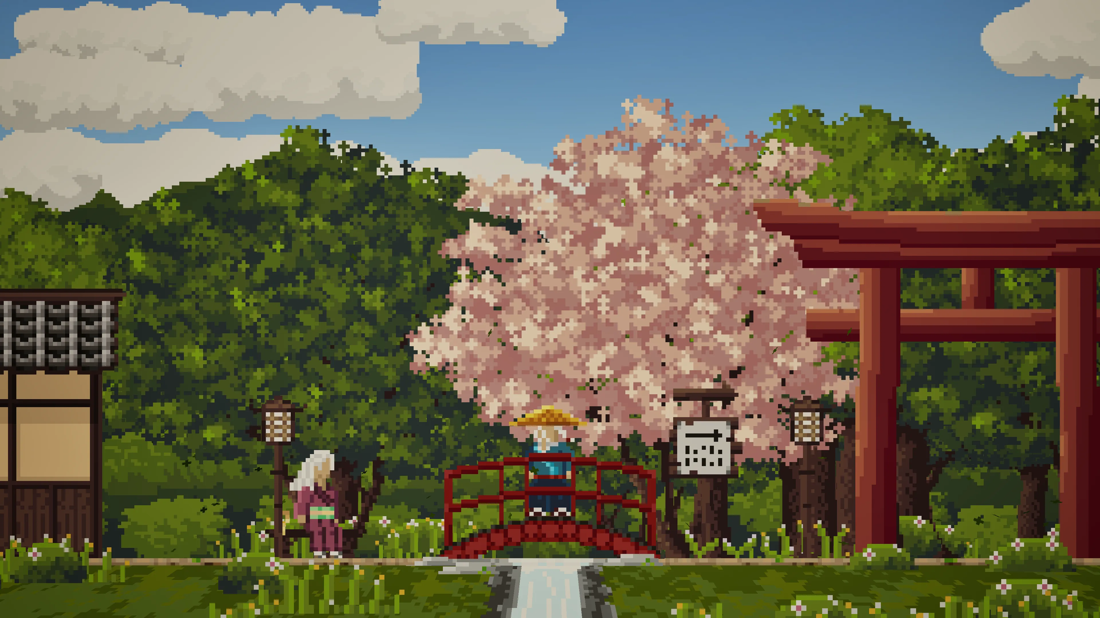 Gendo crossing a red bridge under a blossoming cherry tree beside a torii gate