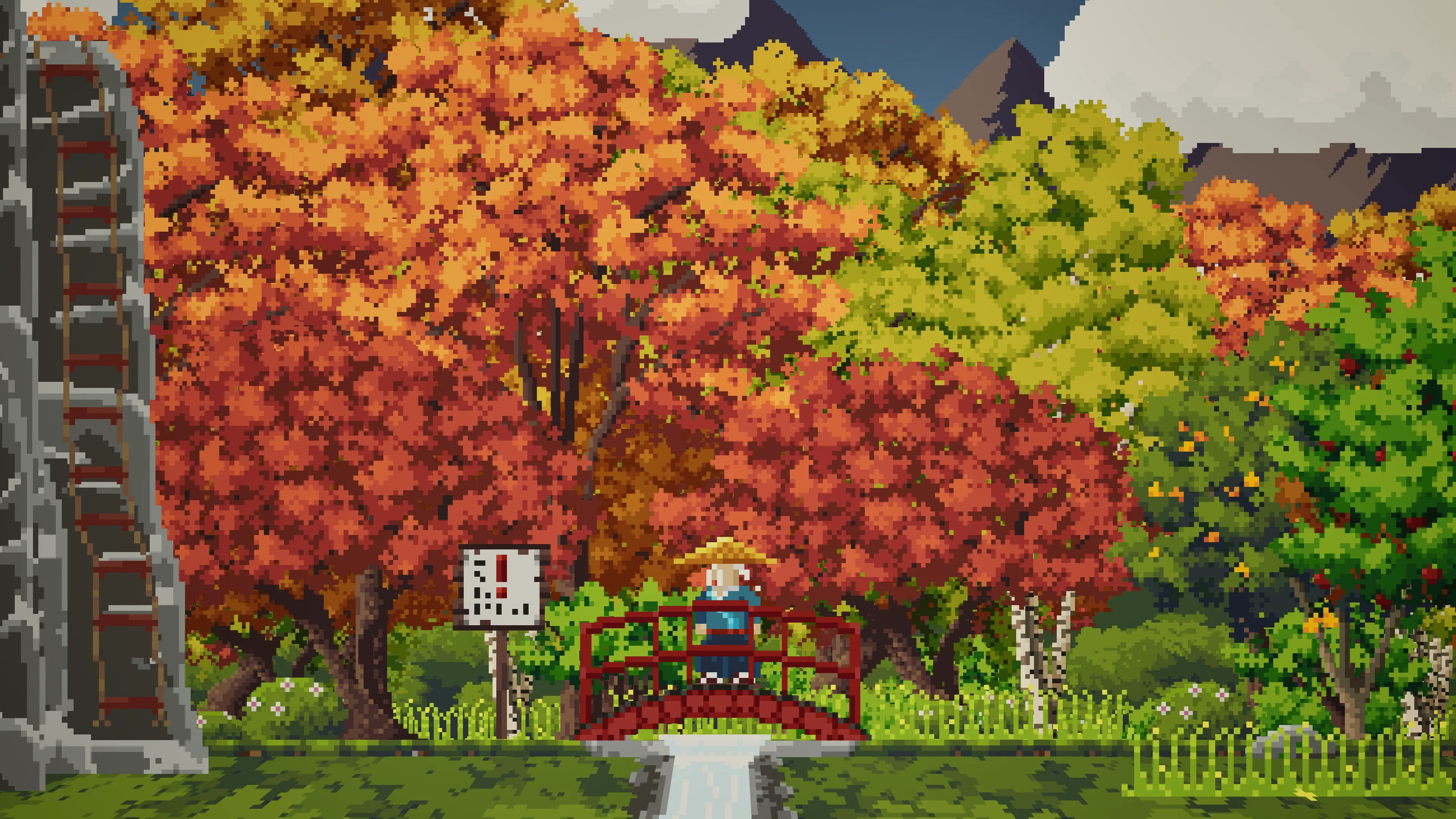 Gendo crossing a red bridge under autumn maples