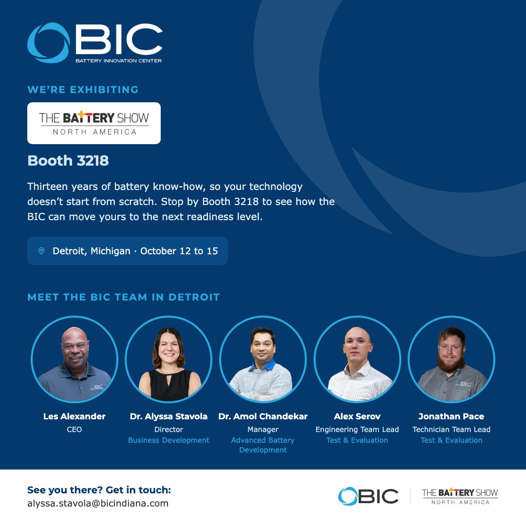 The Battery Innovation Center is exhibiting at The Battery Show North America, booth 3218, Detroit, October 12 to 15. Meet Les Alexander, Alyssa Stavola, Amol Chandekar, Alex Serov, and Jonathan Pace.