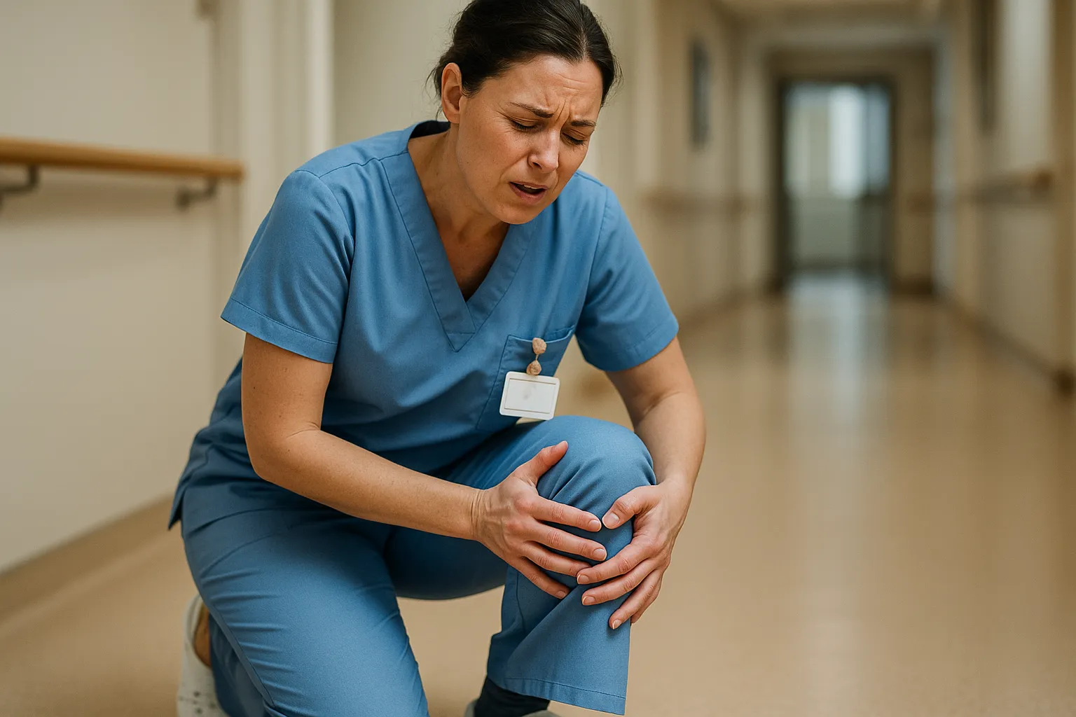 Pflegekraft in blauer Berufskleidung hält sich im Flur das schmerzende Knie