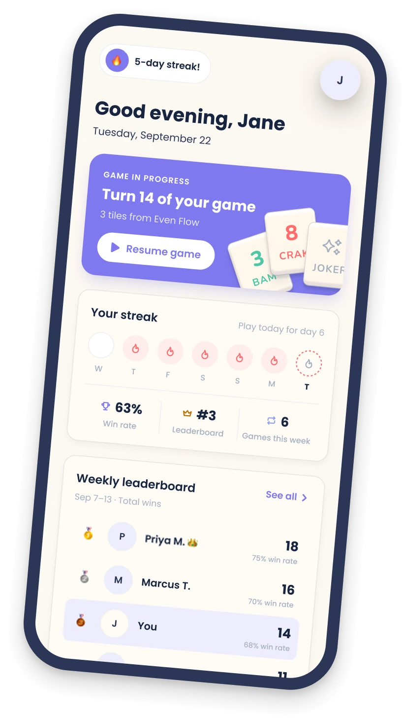 Everyday Mahj home screen with a game in progress, daily streak and weekly leaderboard