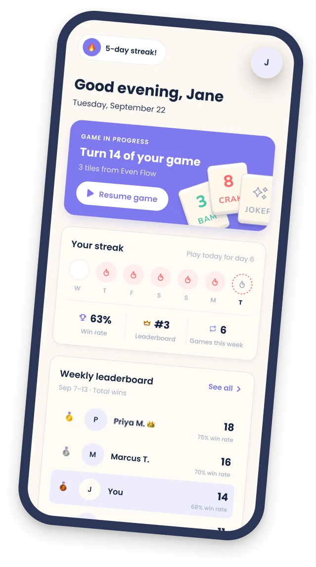 Everyday Mahj home screen with a game in progress, daily streak and weekly leaderboard