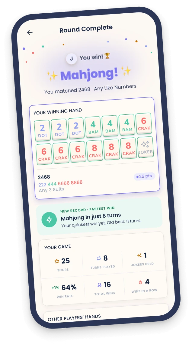 Everyday Mahj round complete screen showing a winning Mahjong hand and game stats