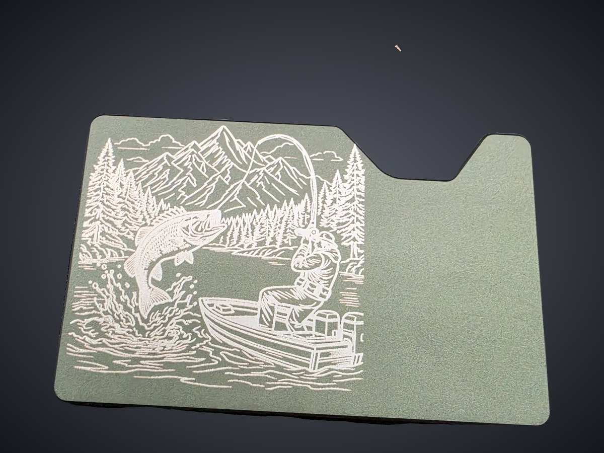 Engraved metal wallet card with fishing scene by Tier One 3D