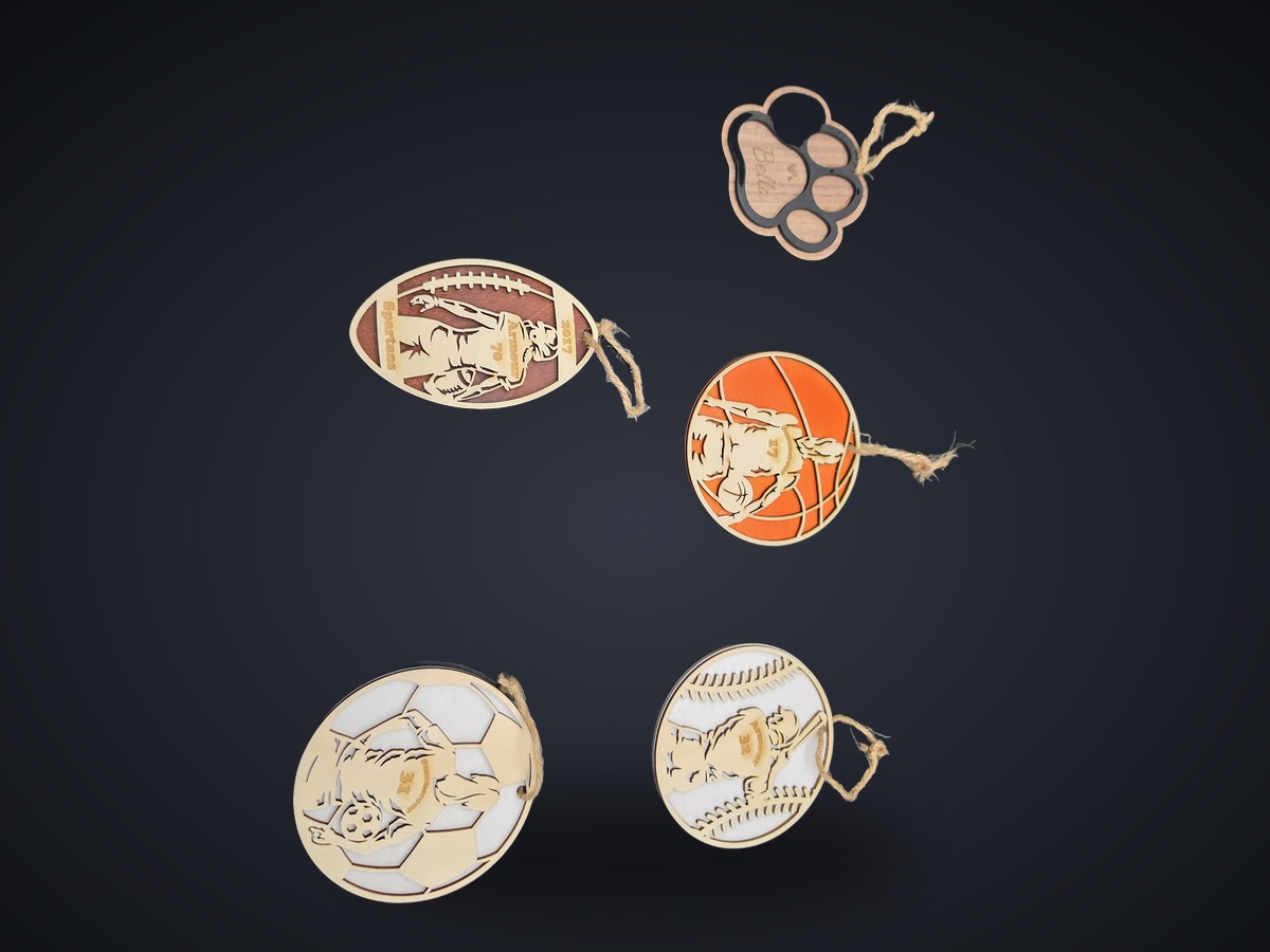 Personalized laser-cut sports and pet ornaments by Tier One 3D