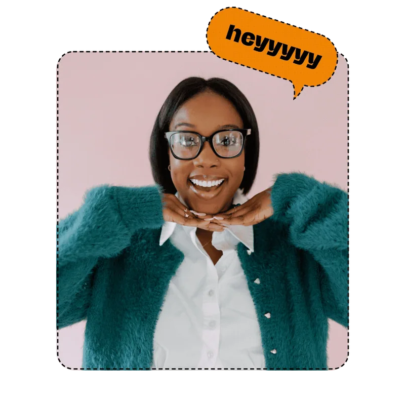 Raegan Kelly waving hello in a teal cardigan, with a speech bubble that says heyyyyy and howdy