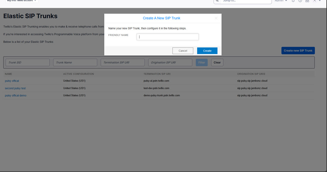 Twilio Elastic SIP Trunks dashboard with the Create a New SIP Trunk dialog open