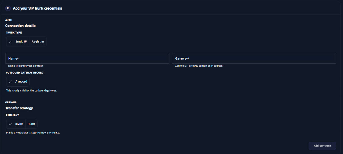 PulsyAI Add your SIP trunk credentials form with Static IP, A record and Invite transfer strategy selected