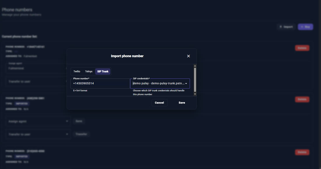 PulsyAI Import phone number modal with the SIP Trunk tab selected and credentials chosen