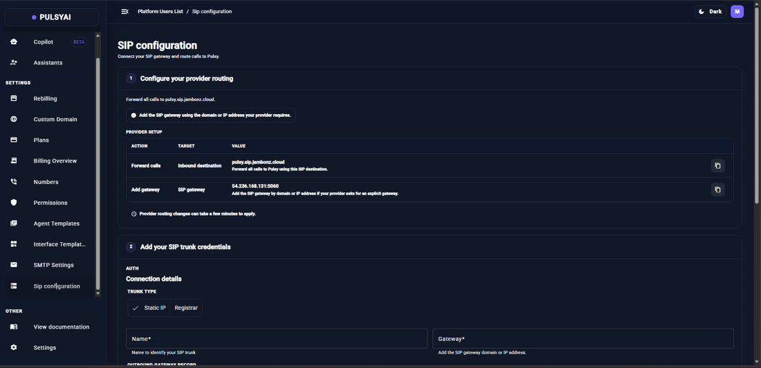 PulsyAI SIP Configuration page showing the provider routing gateway address to whitelist