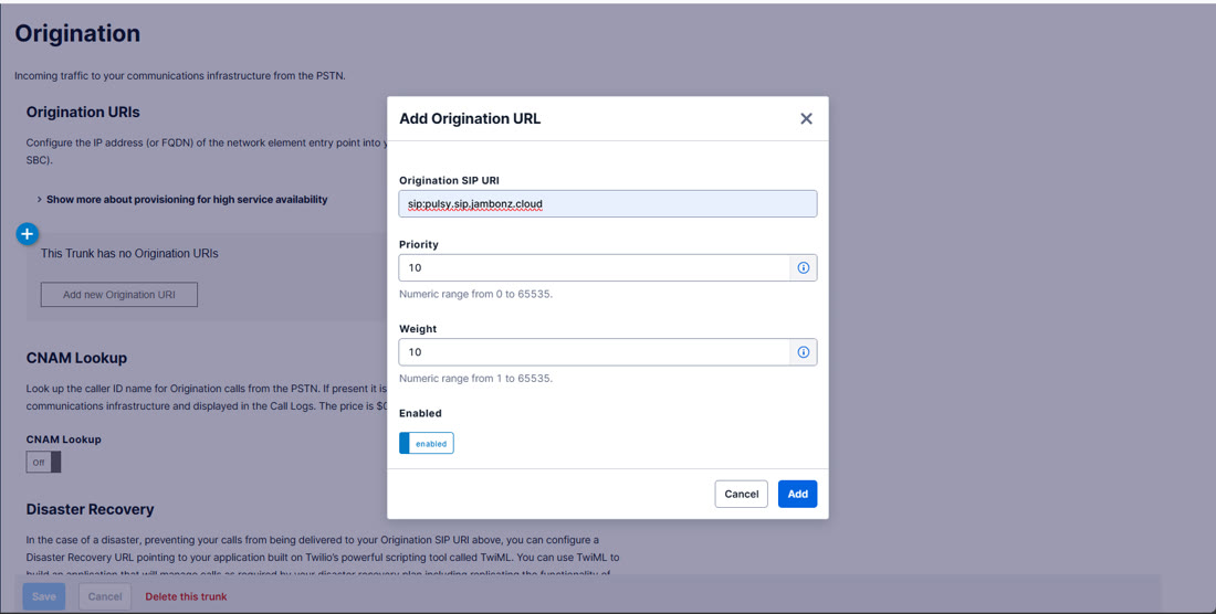 Twilio Add Origination URL modal with the sip: prefixed Pulsy destination entered