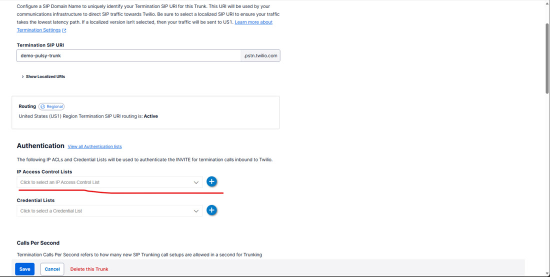Twilio Termination tab with the IP Access Control List dropdown highlighted