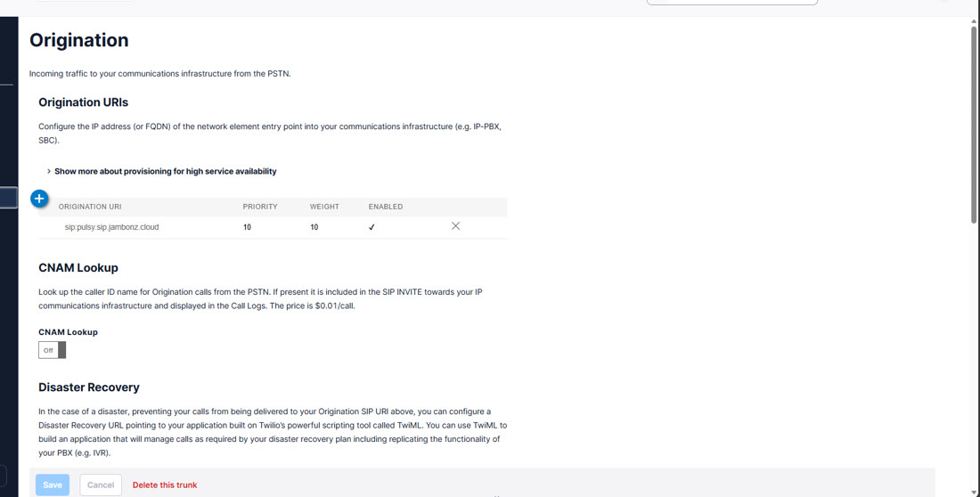 Twilio Origination tab confirming the origination URI was added and enabled