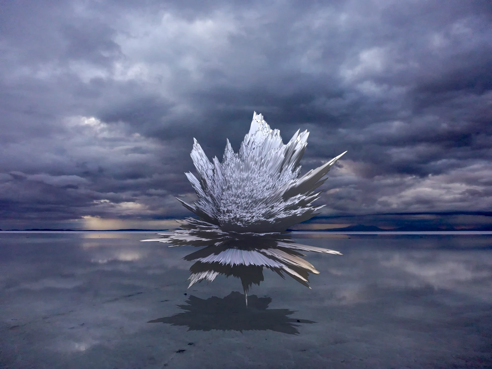 A crystalline digital form floating over a reflective landscape beneath storm clouds