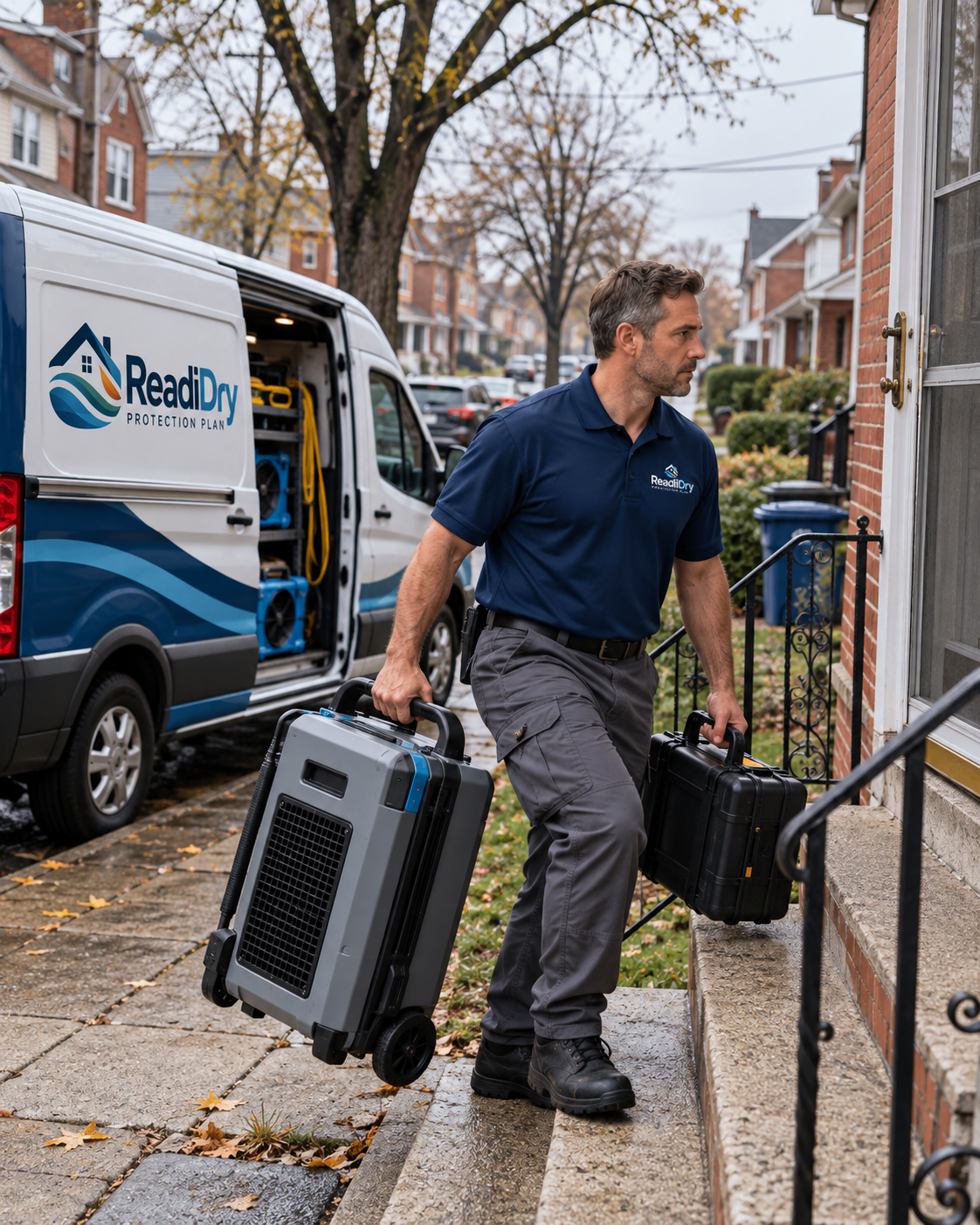 ReadiDry water mitigation technician carrying a dehumidifier and equipment case from a branded van to a New York home