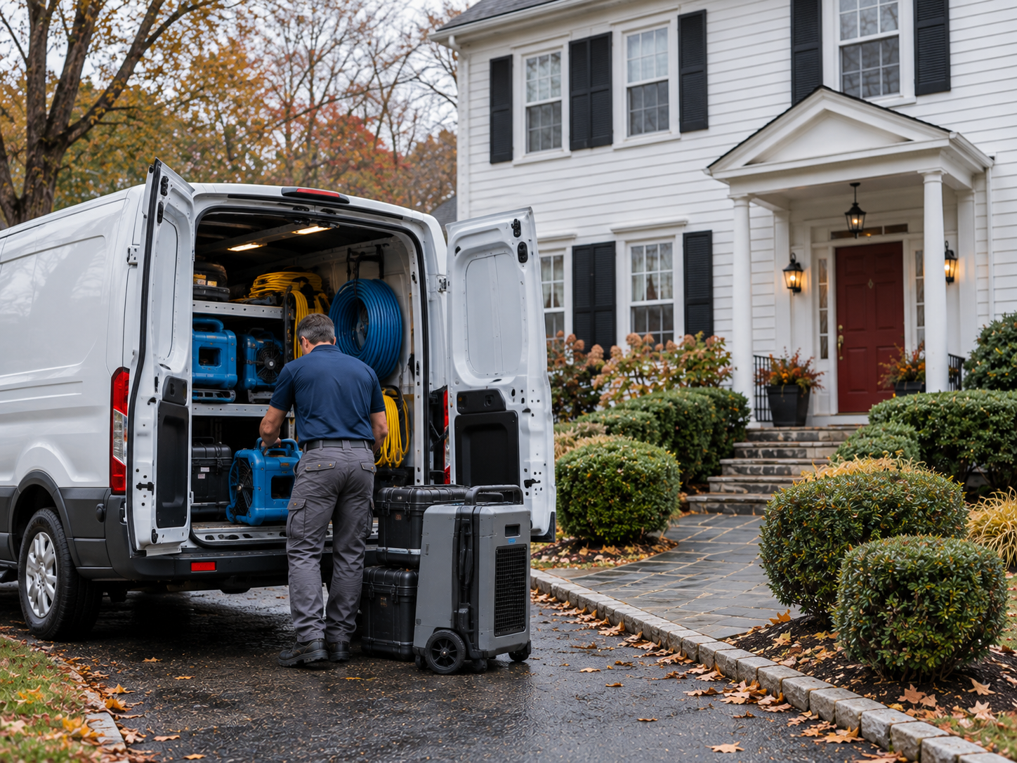 A man in a navy shirt and gray pants unloading blue and yellow equipment from the back of a white work van parked on a driveway outside a white house with black shutters and a red door in a landscaped yard with shrubs and autumn leaves.