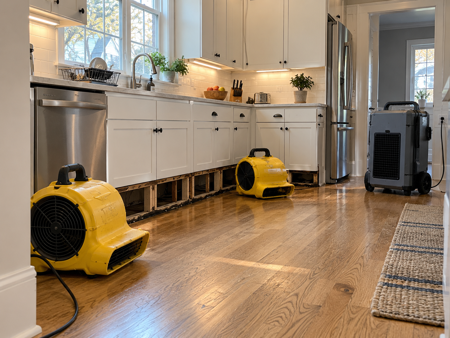 Kitchen with white cabinets and a hardwood floor, showing exposed lower walls with two yellow air movers and a large gray dehumidifier placed on the floor, likely for drying out after water damage.