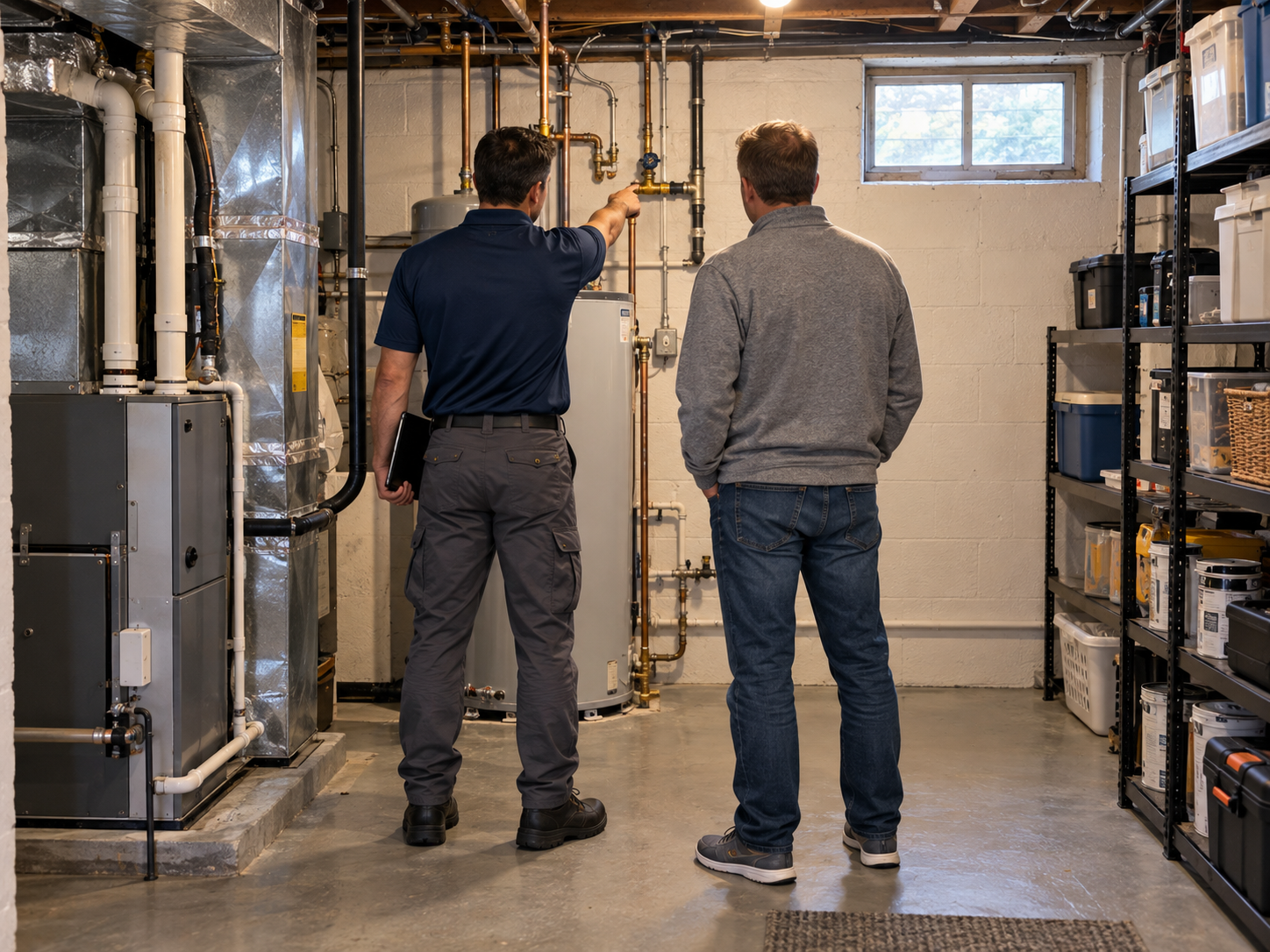 Two men in a basement standing in front of a water heater and furnace, one man wearing a navy shirt points at pipes while the other listens.