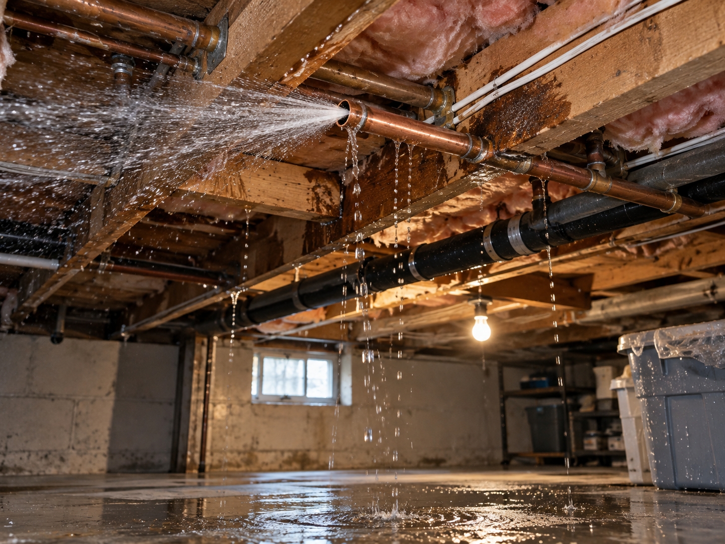 Water spraying and dripping from a burst copper pipe in a basement ceiling, causing water to pool on the concrete floor below.