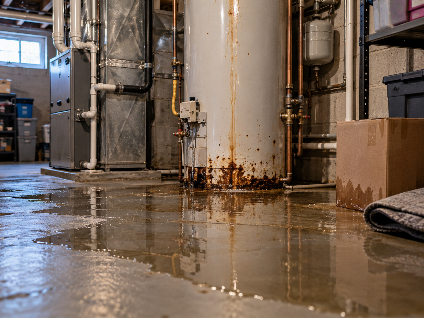 Basement with a rusted, leaking water heater causing a large puddle of water on the concrete floor near exposed pipes, storage boxes, and a furnace unit.