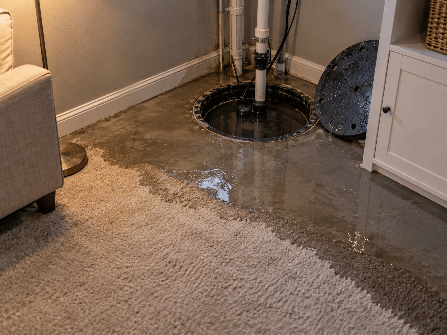 Partially flooded basement floor with water around an open sump pump pit, next to a beige carpet and furniture.