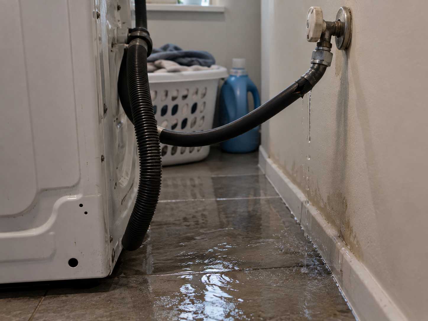 Washing machine draining hose leaking water onto a tiled floor, with visible water puddles and wall stains near the leak.